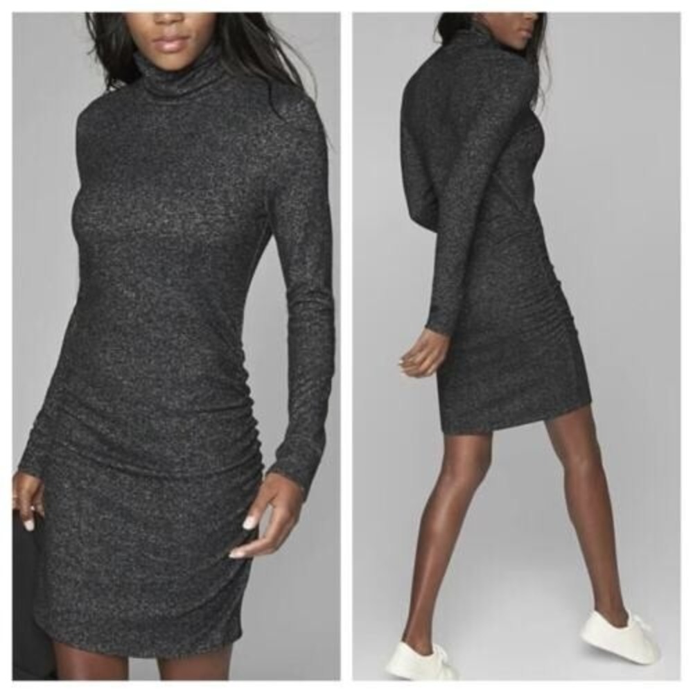 Athleta Malaga Turtleneck Midi‎ Dress Size Large Ruched Side Dark Gray Heather